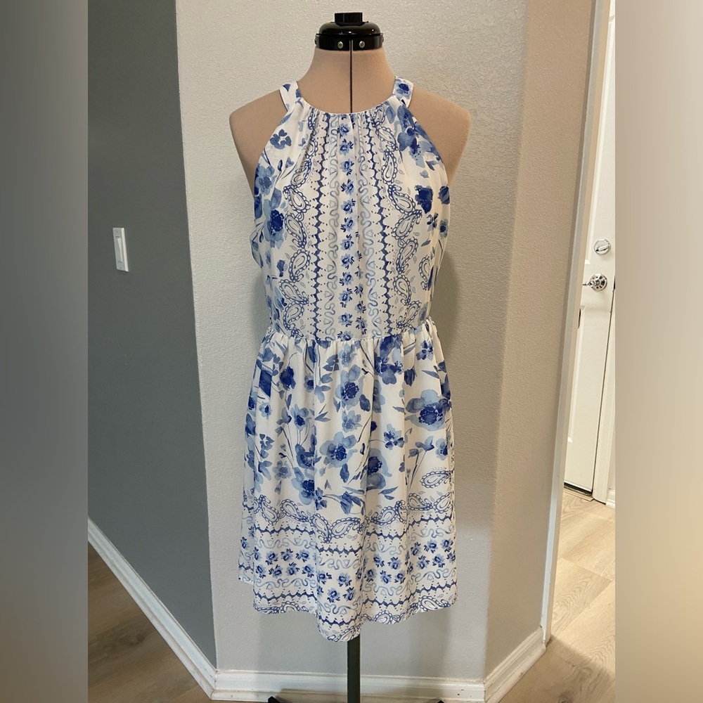 Skies Are Blue Floral Halter Dress - Blue and White